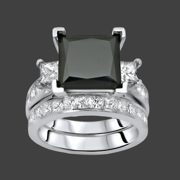 4.90 Carat Black 3 Stone Princess Cut Diamond Engagement Ring Bridal Set 14k White Gold