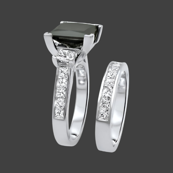 4.90 Carat Black 3 Stone Princess Cut Diamond Engagement Ring Bridal Set 14K White Gold