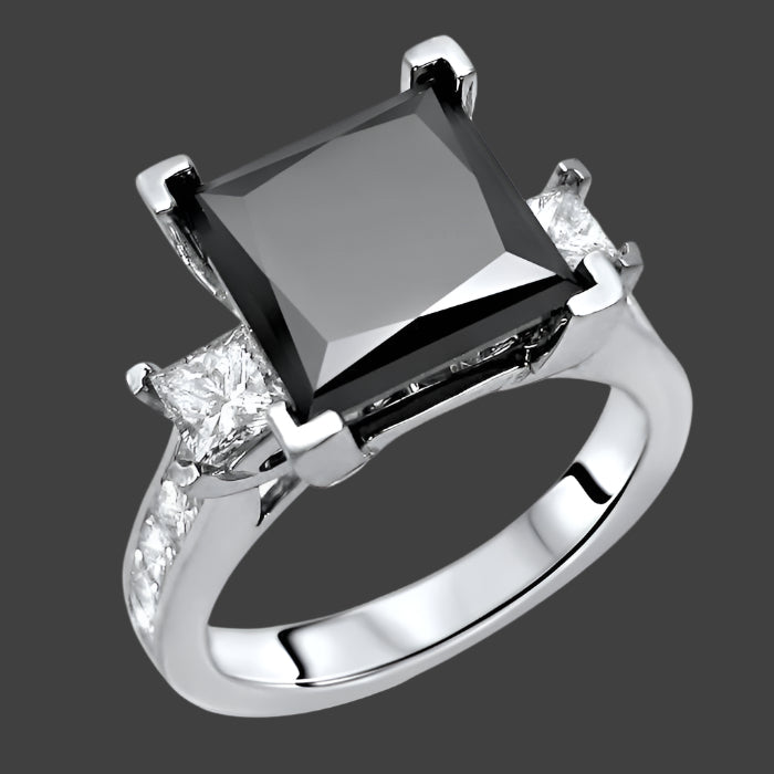 4.10 Carat Black 3 Stone Princess Cut Diamond Engagement Ring 14K White Solid Gold