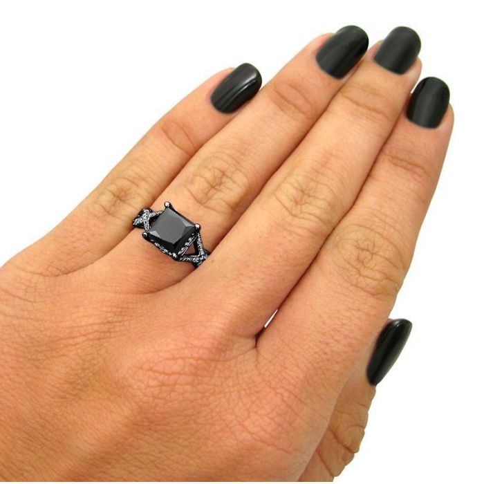 2.50 Carat Black Princess Cut Diamond Engagement Ring 18K Black Gold