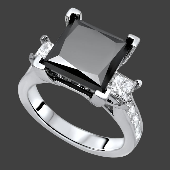4.10 Carat Black 3 Stone Princess Cut Diamond Engagement Ring 14K White Solid Gold