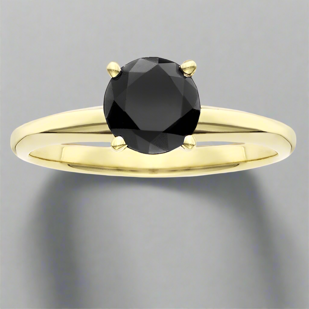 1 Carat Natural Diamond Solitaire Ring Black Diamond Round Cut 14K Yellow Gold Engagement Ring