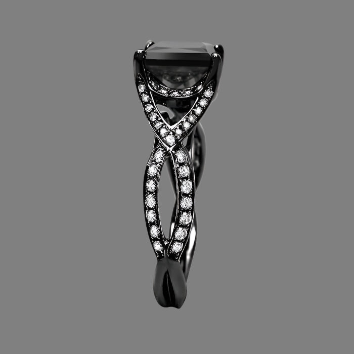 2.50 Carat Black Princess Cut Diamond Engagement Ring 18K Black Gold