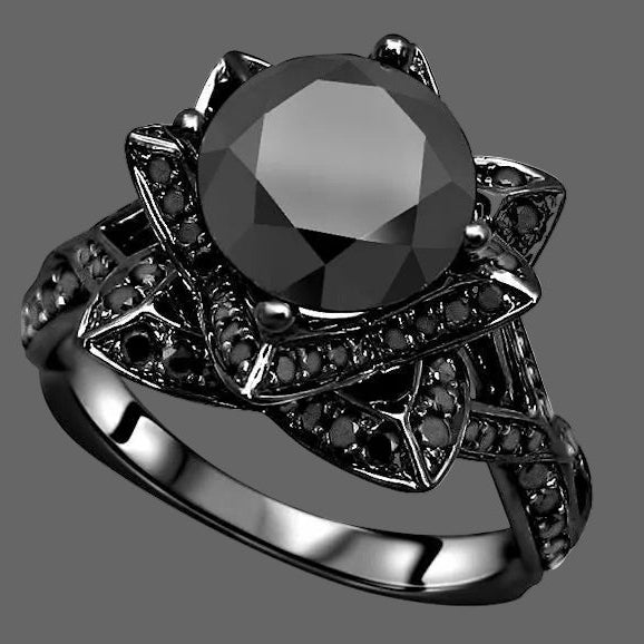 2.80 Carat Lotus Flower Engagement Ring Black Round Diamond 14k Black Solid Gold