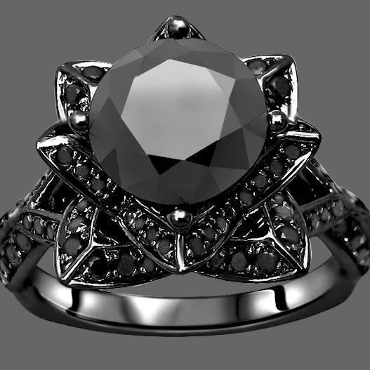 2.80 Carat Lotus Flower Engagement Ring Black Round Diamond 14k Black Solid Gold