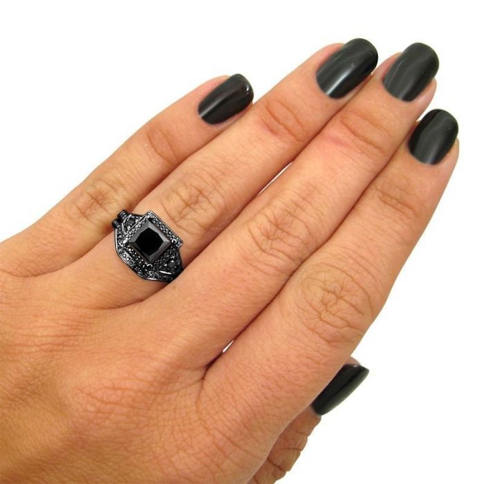 2 Carat Black Princess Cut Diamond Engagement Ring Bridal Set 14K Black Gold