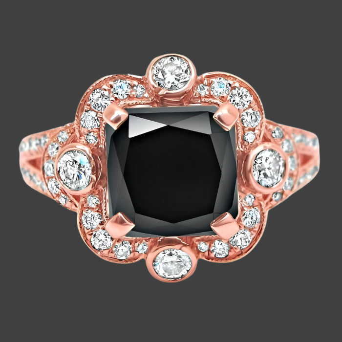 3.30 Carat Black Cushion Cut Diamond Engagement Ring 14K Solid Rose Gold Vintage Style