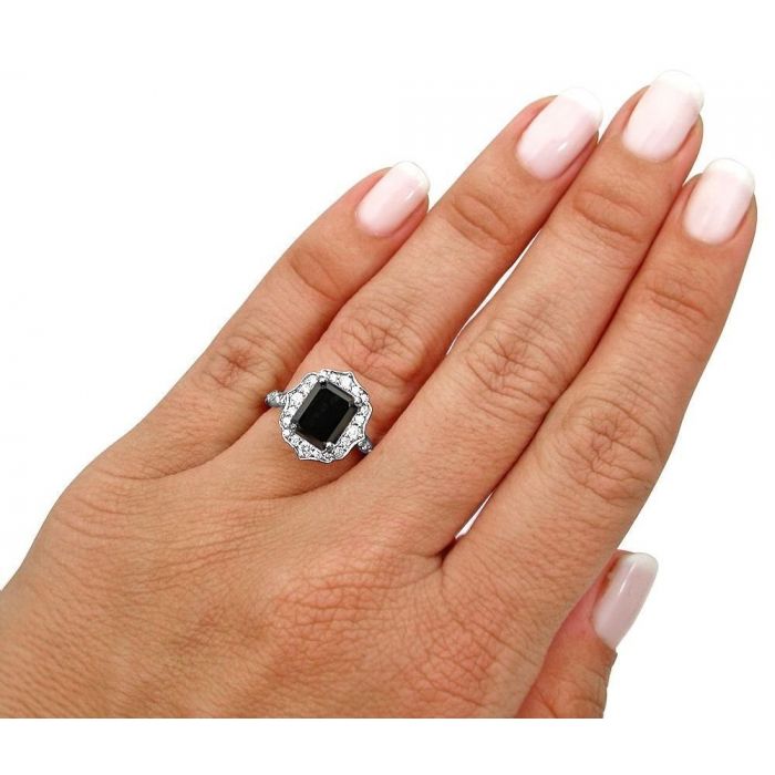3.50 Carat Emerald Cut Black Diamond Engagement Ring 14k White Solid Gold