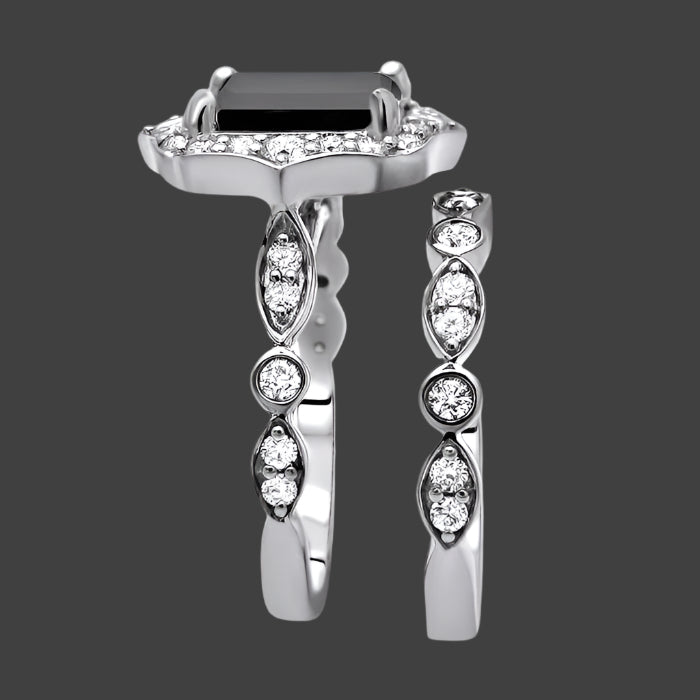2.50ct Emerald Cut Black Diamond Engagement Ring Bridal Set 14K White Gold (8x6mm)