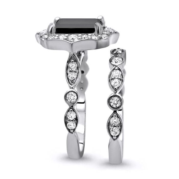 2.30 Carat Emerald Cut Black Diamond Engagement Ring Bridal Set 14k White Gold (8x6mm)