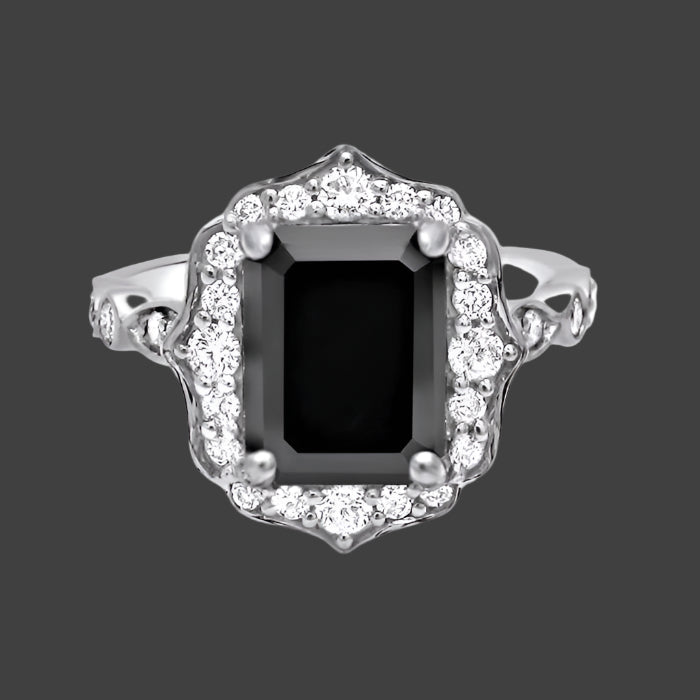 3.50 Carat Emerald Cut Black Diamond Engagement Ring 14k White Solid Gold