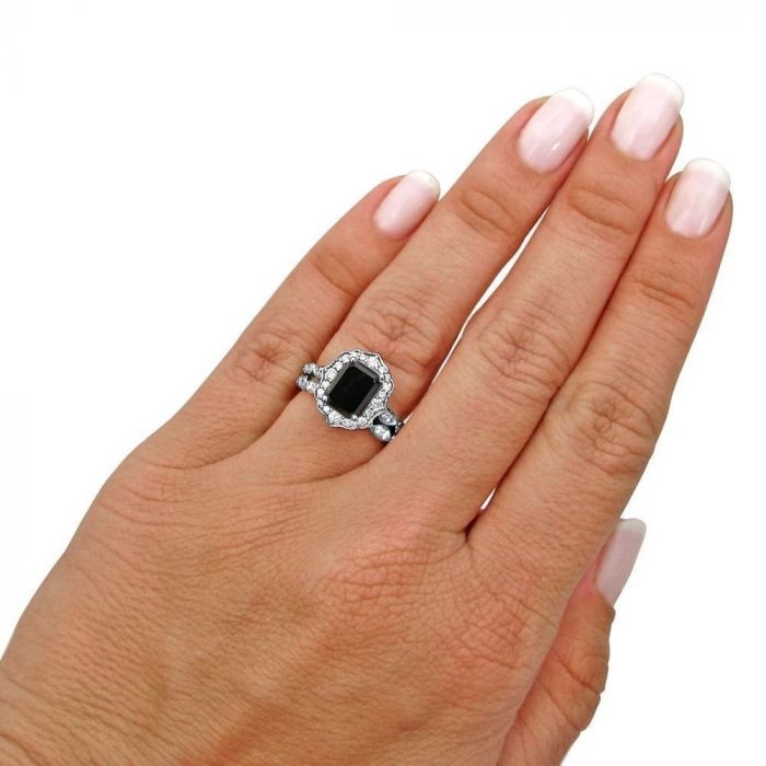 2.30 Carat Emerald Cut Black Diamond Engagement Ring Bridal Set 14k White Gold (8x6mm)