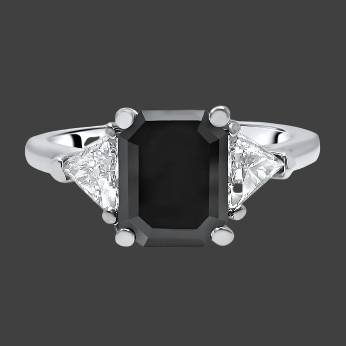 3.50 Carat Black Emerald Cut Diamond 3 Stone Trillion Diamond Engagement Ring 14K White Gold