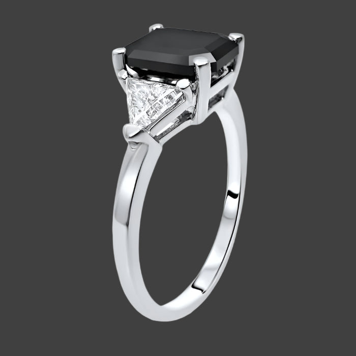 3.50 Carat Black Emerald Cut Diamond 3 Stone Trillion Diamond Engagement Ring 14K White Gold
