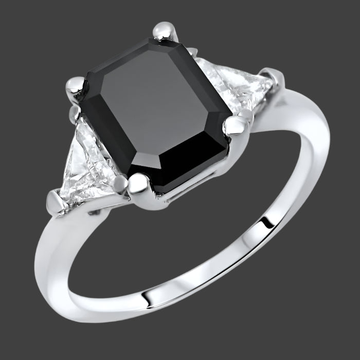 3.50 Carat Black Emerald Cut Diamond 3 Stone Trillion Diamond Engagement Ring 14K White Gold