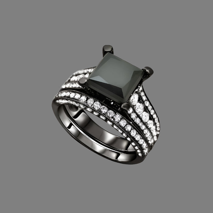 4 Carat Black Princess Cut Diamond Engagement Ring Wedding Band Set 18K Black Gold