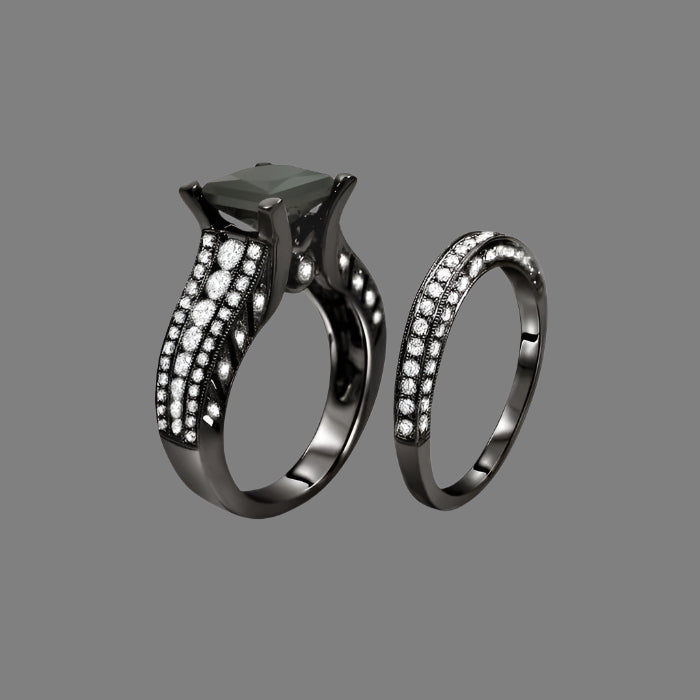 Black Princess Cut Diamond Engagement Ring Wedding 18K Black Gold