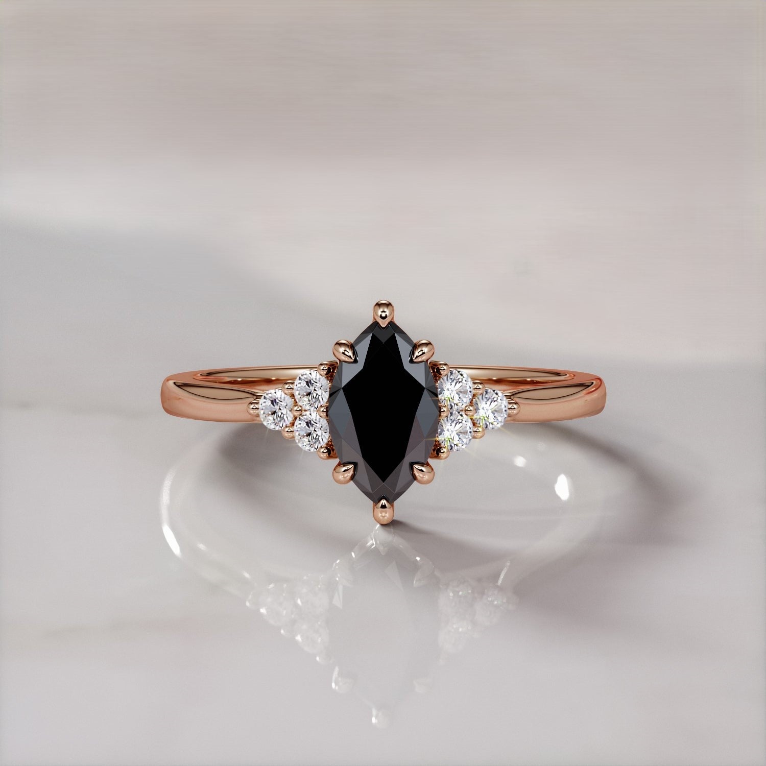 2.50 Carat Marquise Black Diamond Engagement Ring Trio Pave 14K Solid Gold