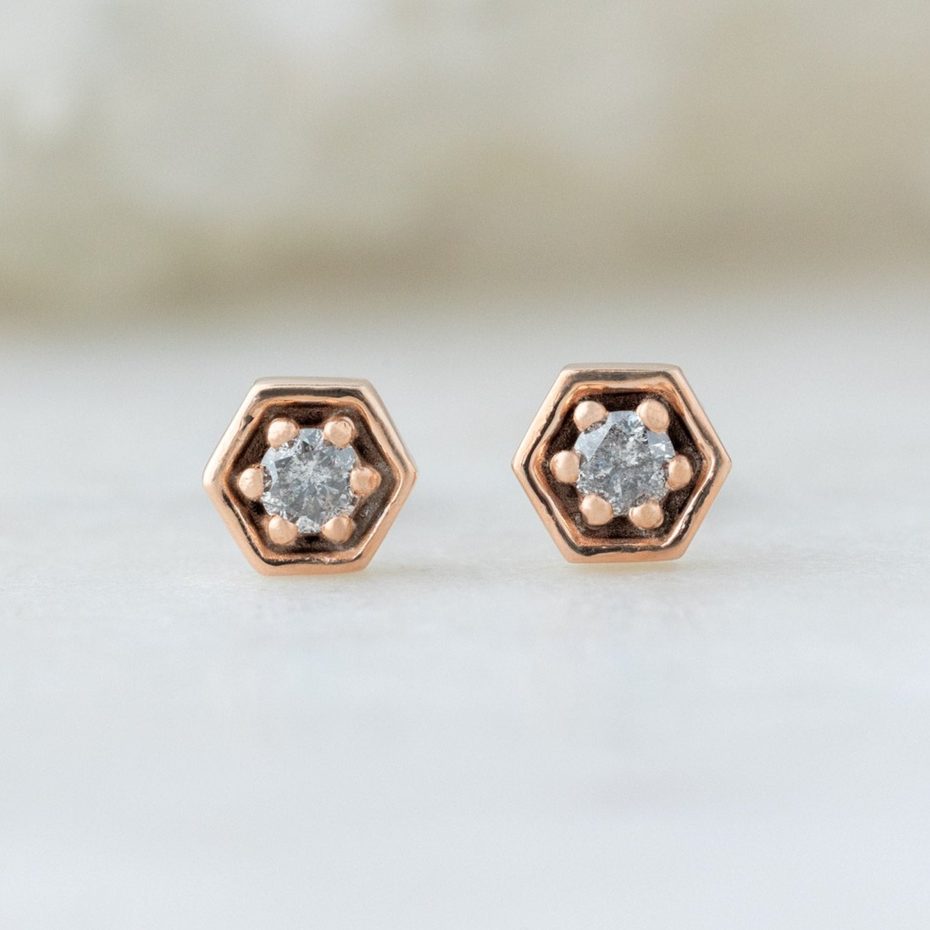 0.20 Carat Round Galaxy Salt and Pepper Diamond Hexagon Stud Earrings