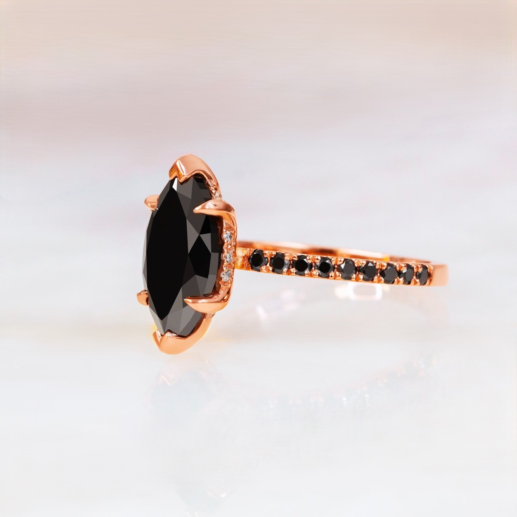 3.12 Carat Marquise Black Diamond Engagement Ring Pave 14K Rose Gold