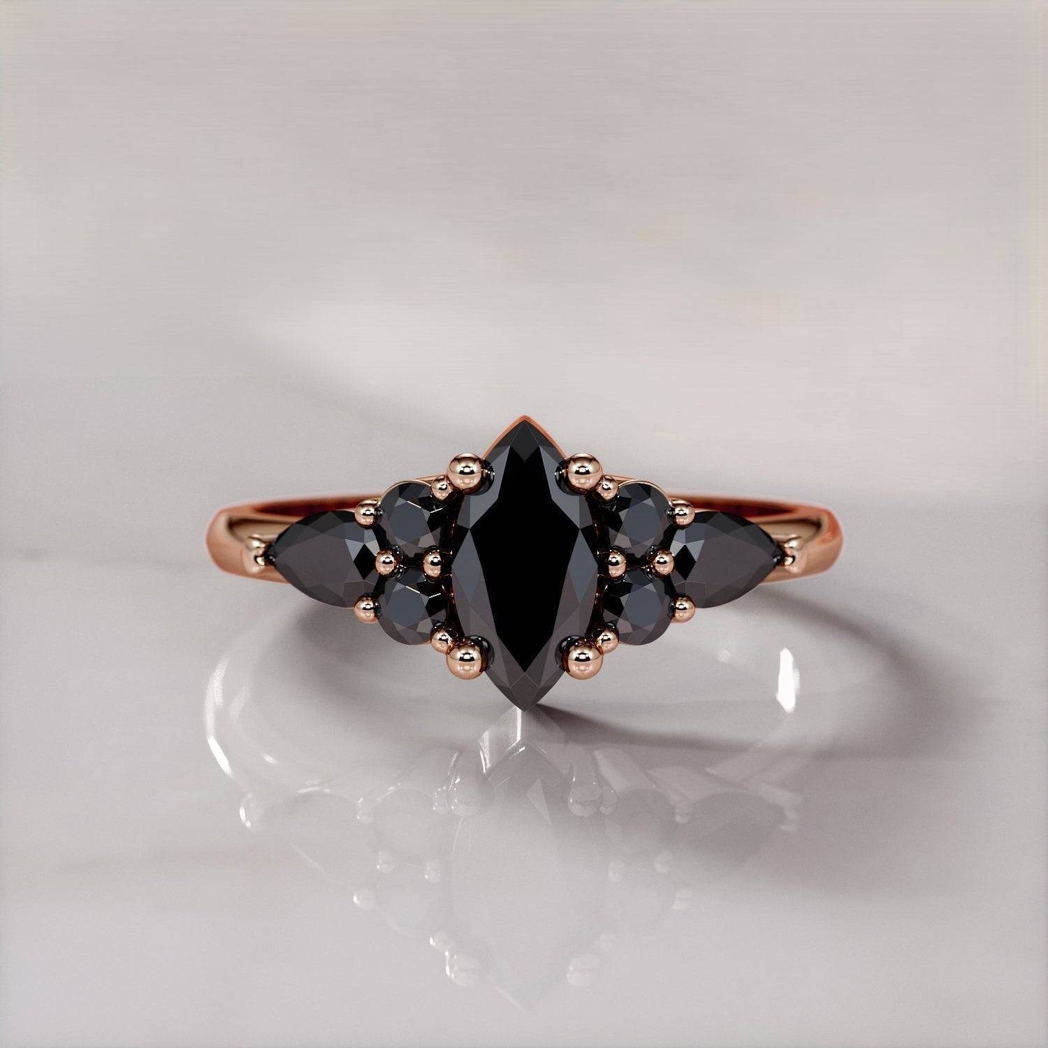 Marquise Black Diamond Engagement Ring Pave Band 14K Solid Rose Gold