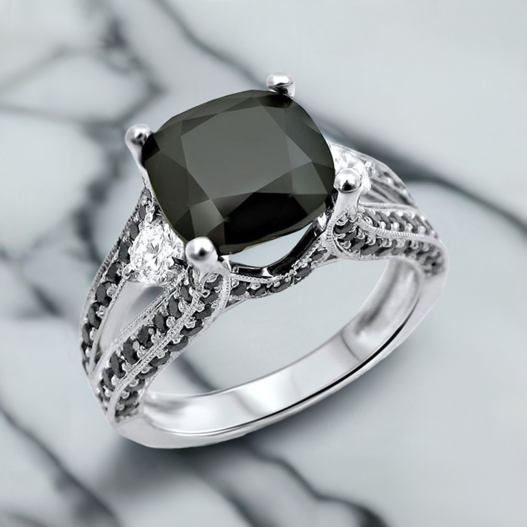 4ct Black 3 Stone Cushion Cut Diamond Engagement Ring 14k Solid White Gold