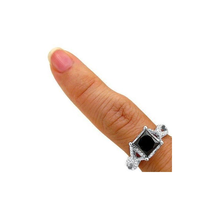 2.50 Carat Princess Cut Black Diamond Engagement Ring 14K White Gold