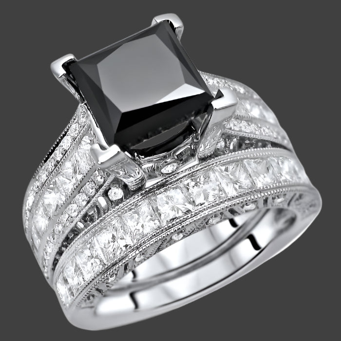 5.50 Carat Black Princess Cut Diamond Engagement Ring Bridal Set 14k White Gold