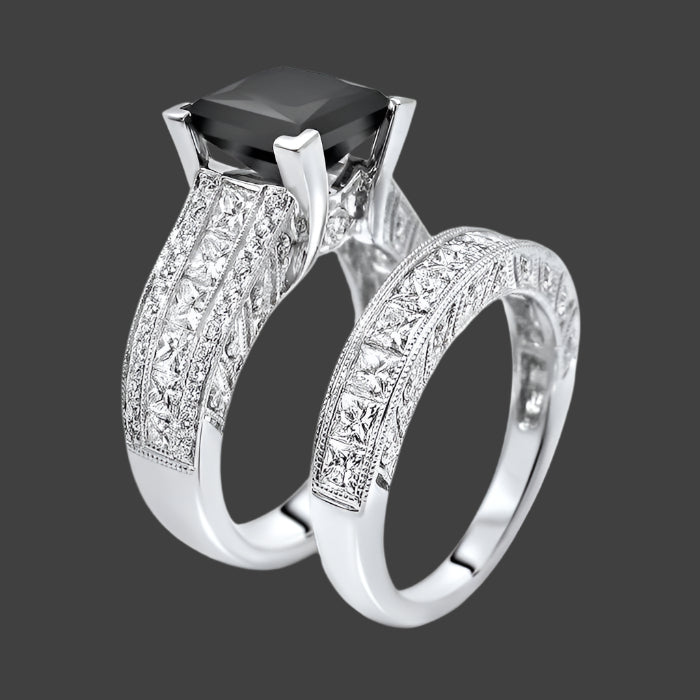 5.50 Carat Black Princess Cut Diamond Engagement Ring Bridal Set 14k White Gold