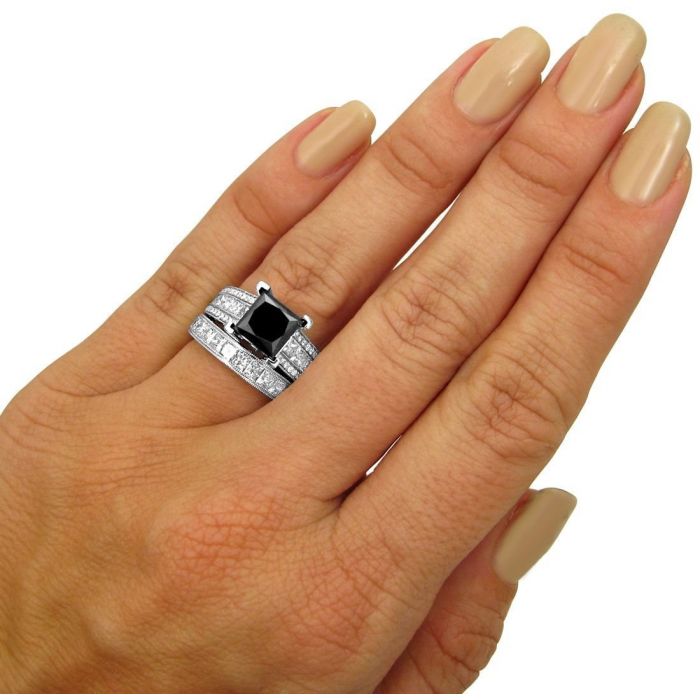 5.50 Carat Black Princess Cut Diamond Engagement Ring Bridal Set 14k White Gold