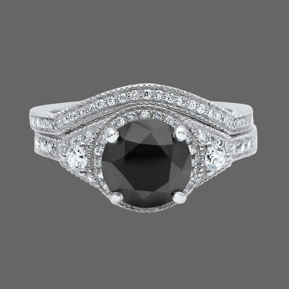 2.20 Carat Black Round Diamond 14k White Solid Gold Engagement Ring Bridal Set