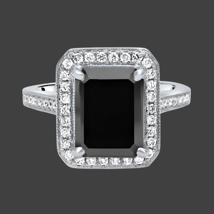 3.70 Carat Emerald Cut Black Diamond Halo Engagement Ring 14K White Solid Gold