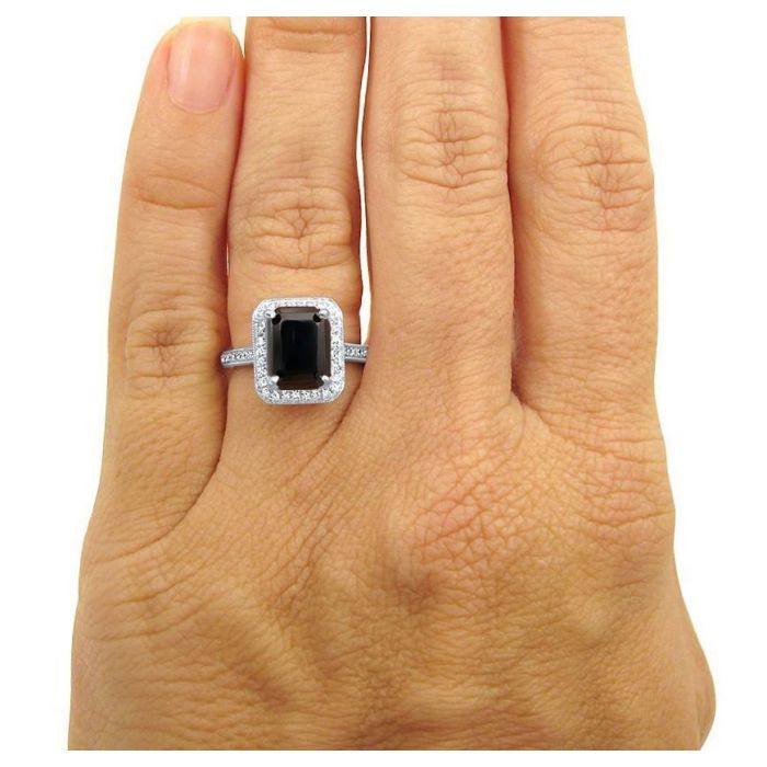 3.70 Carat Emerald Cut Black Diamond Halo Engagement Ring 14K White Solid Gold