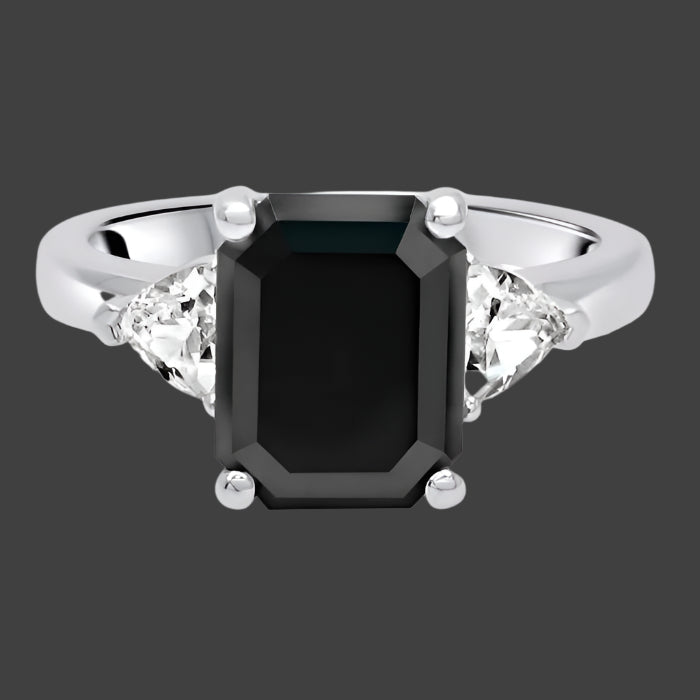 3.50ct Black Emerald Cut Diamond 3 Stone Trillion White Diamond Engagement Ring 14k White Gold