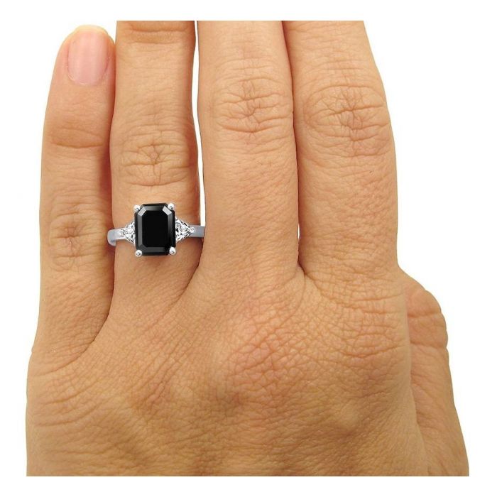 3.50ct Black Emerald Cut Diamond 3 Stone Trillion White Diamond Engagement Ring 14k White Gold