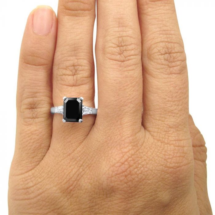 3.50ct Black Emerald Cut Diamond 3 Stone Tapered Baguette Engagement Ring 14k White Gold