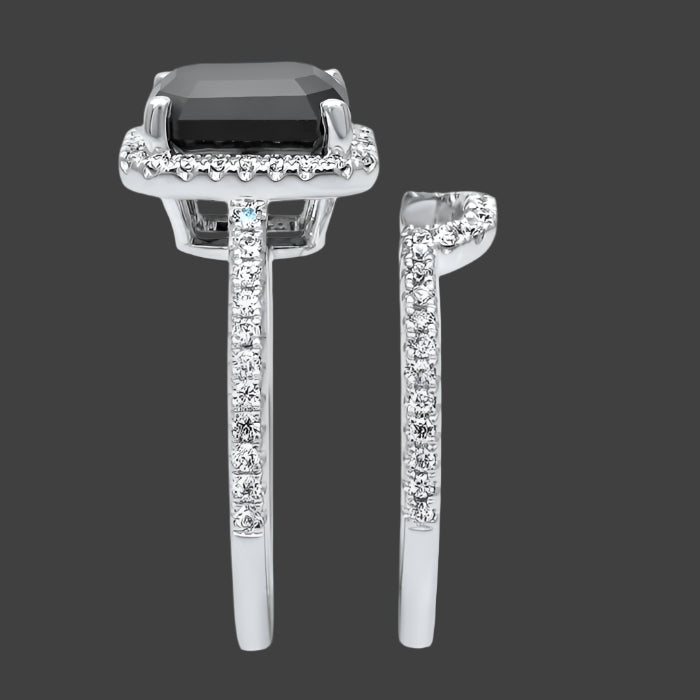 3.50 Carat Emerald Cut Black Diamond Halo Engagement Ring Bridal Set 14k White Gold