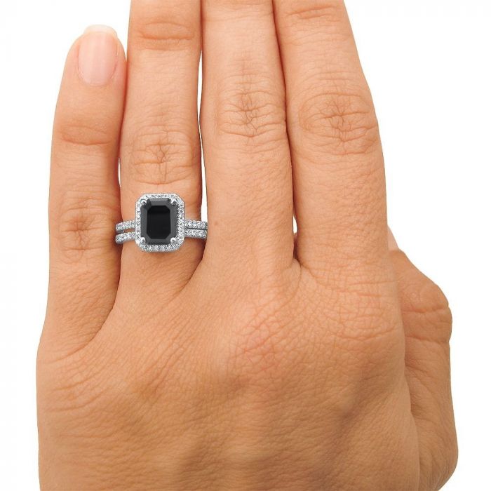 3.50 Carat Emerald Cut Black Diamond Halo Engagement Ring Bridal Set 14k White Gold