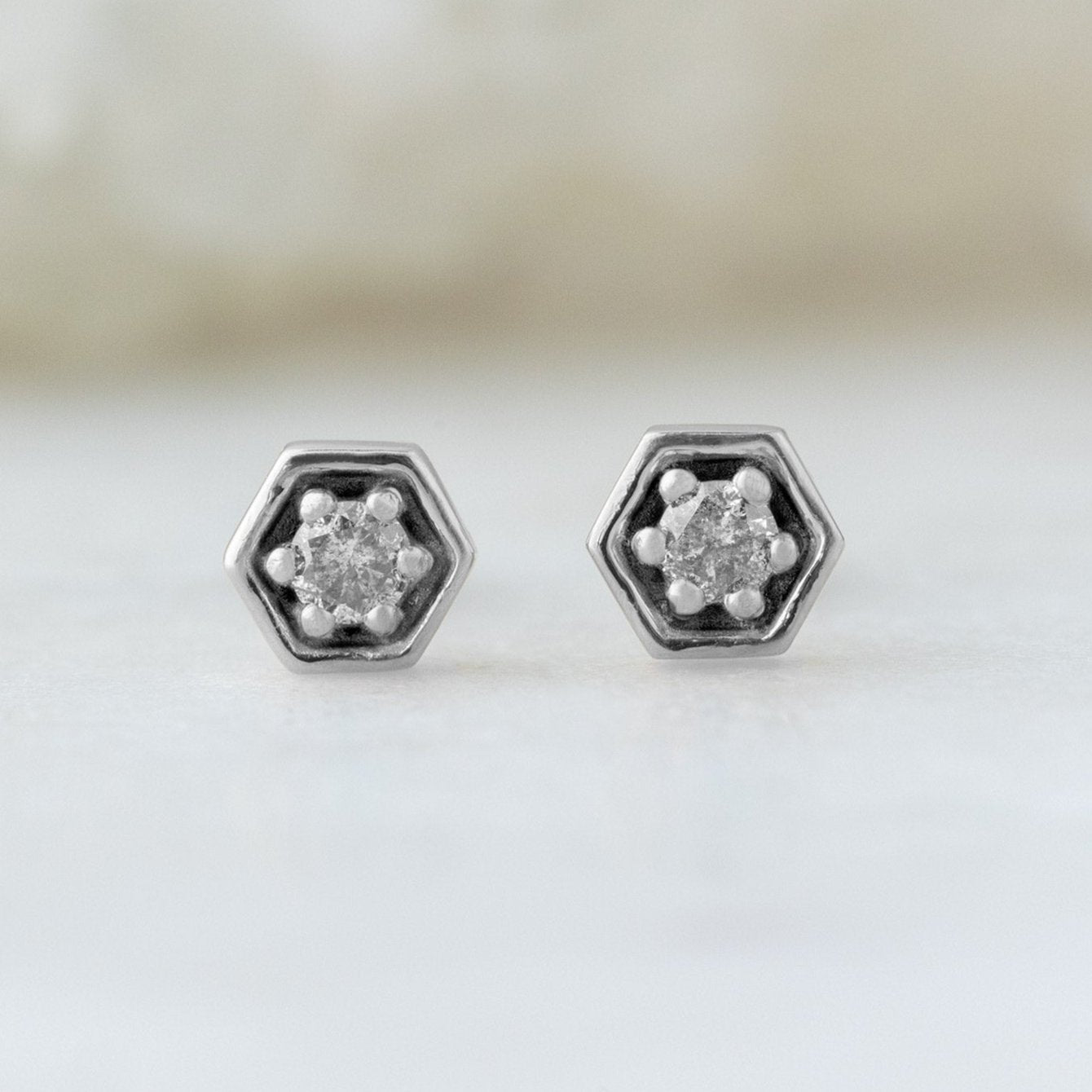 0.20 Carat Round Galaxy Salt and Pepper Diamond Hexagon Stud Earrings