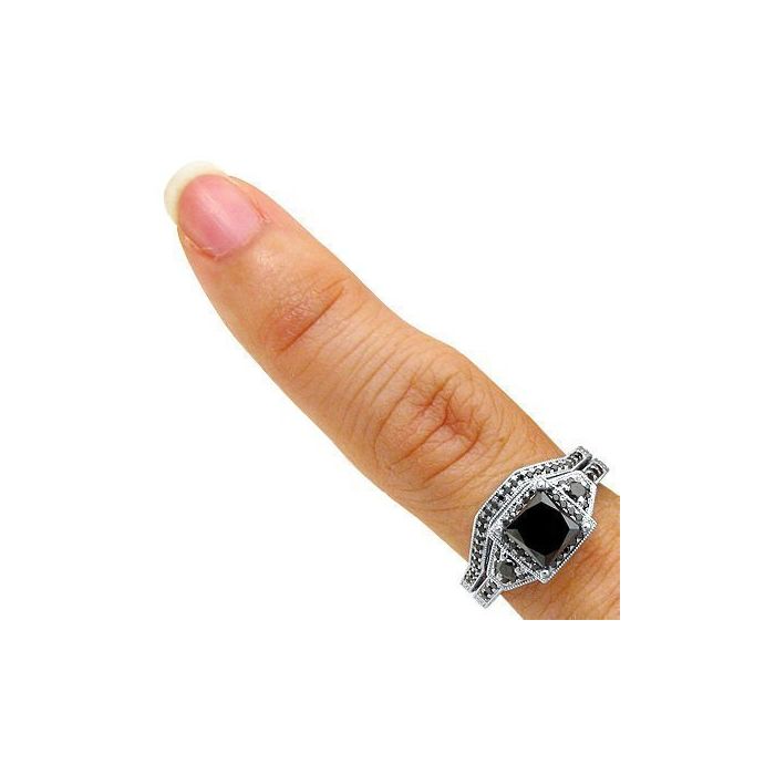 2 Carat Princess Cut Black Diamond Engagement Ring Bridal Set 14K White Gold