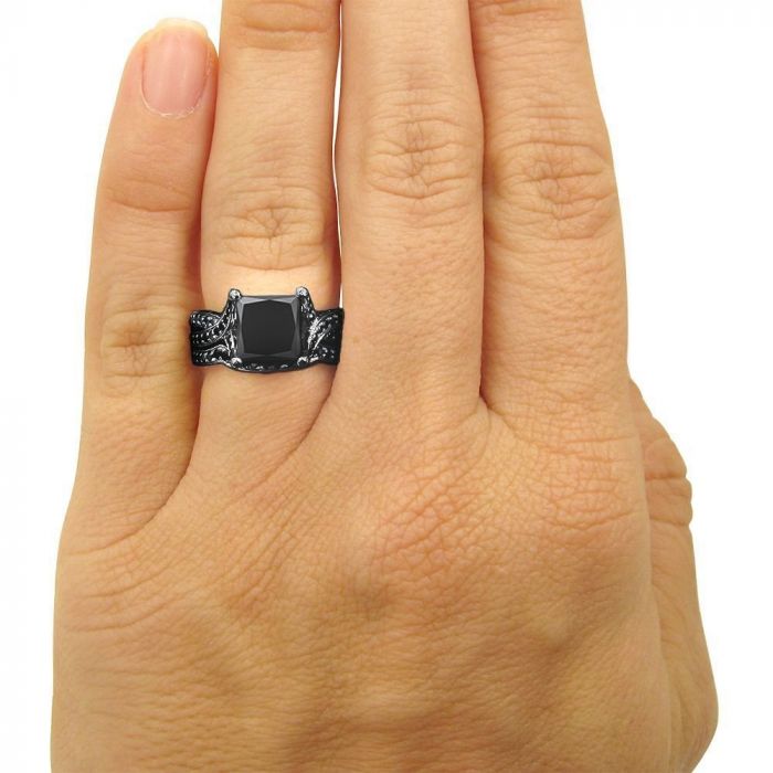 4.30 Carat Black Princess Cut Diamond Engagement Ring Bridal Set 14K Black Gold 5