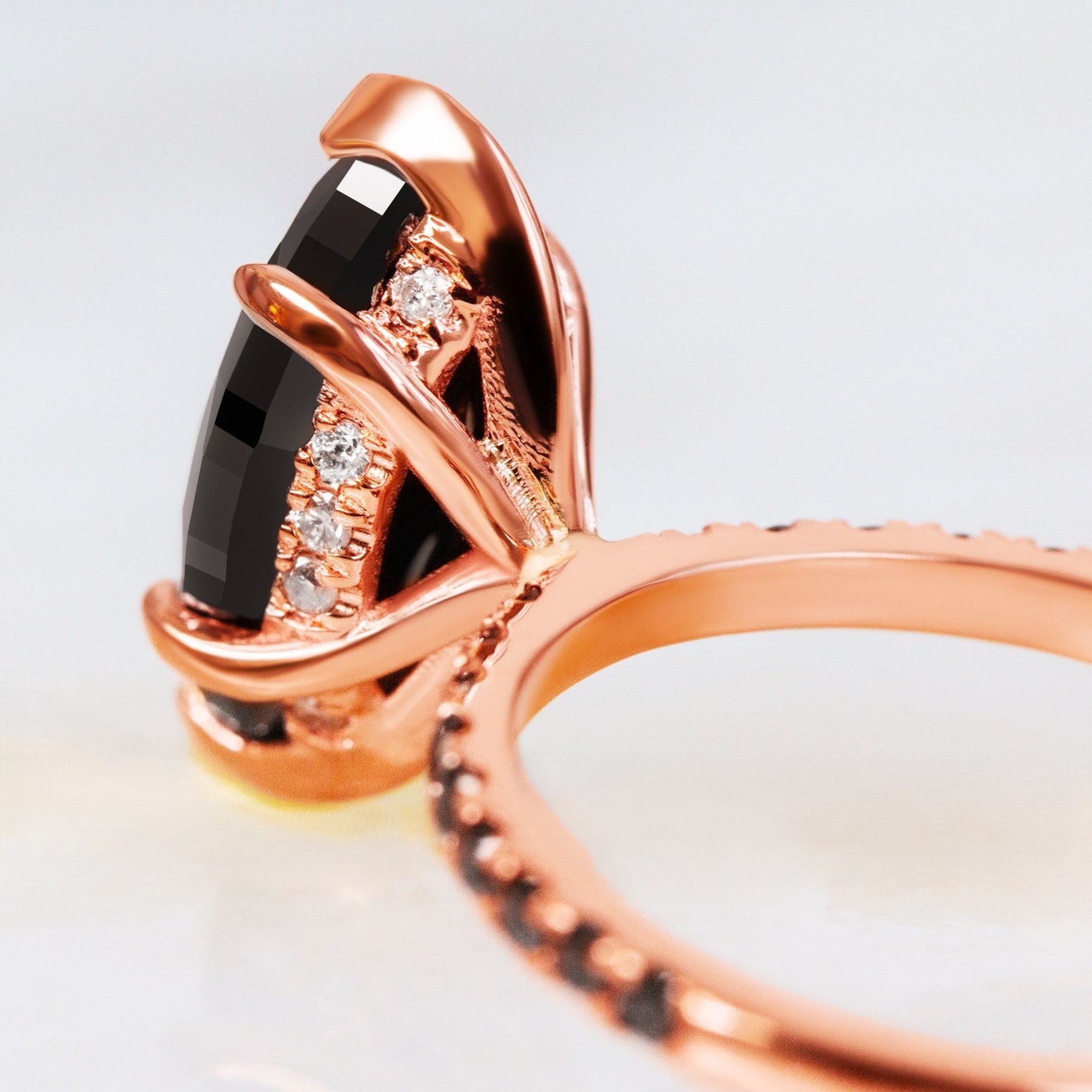 3.12 Carat Marquise Black Diamond Engagement Ring Pave 14K Rose Gold