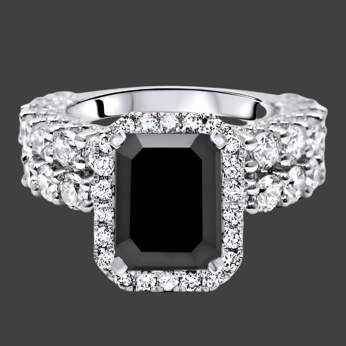 6.50ct Black Emerald Cut Diamond Halo Engagement Ring Bridal Set 14k White Gold