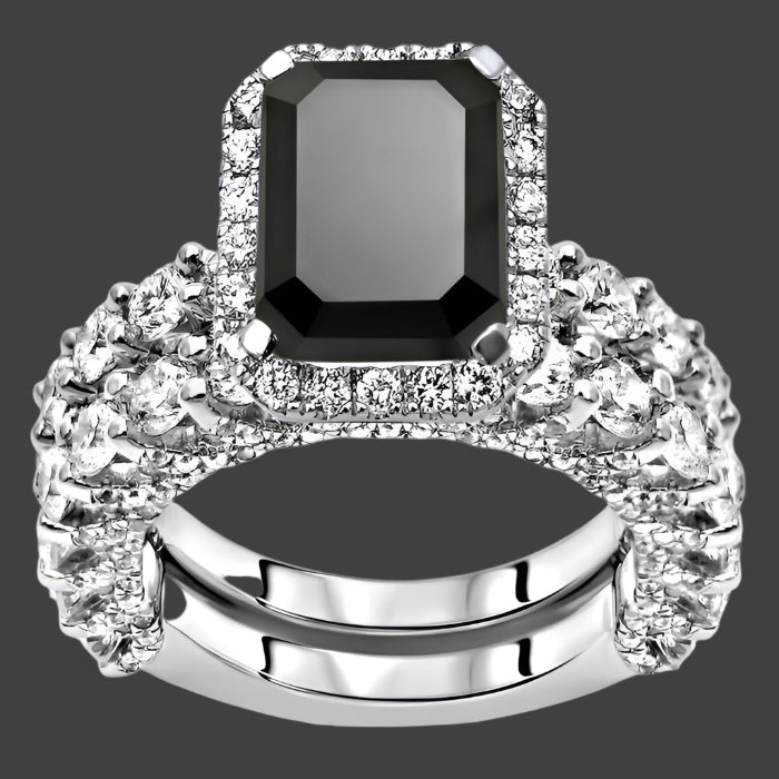 6.50ct Black Emerald Cut Diamond Halo Engagement Ring Bridal Set 14k White Gold