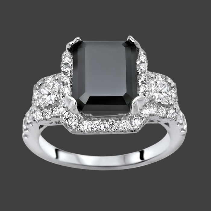 4 Carat Black Emerald Cut Diamond Engagement Ring Vintage Style 14k White Gold