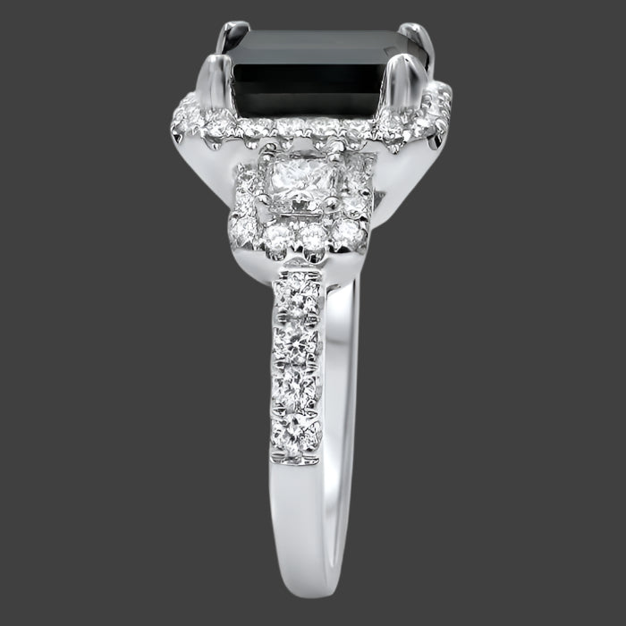 4 Carat Black Emerald Cut Diamond Engagement Ring Vintage Style 14k White Gold
