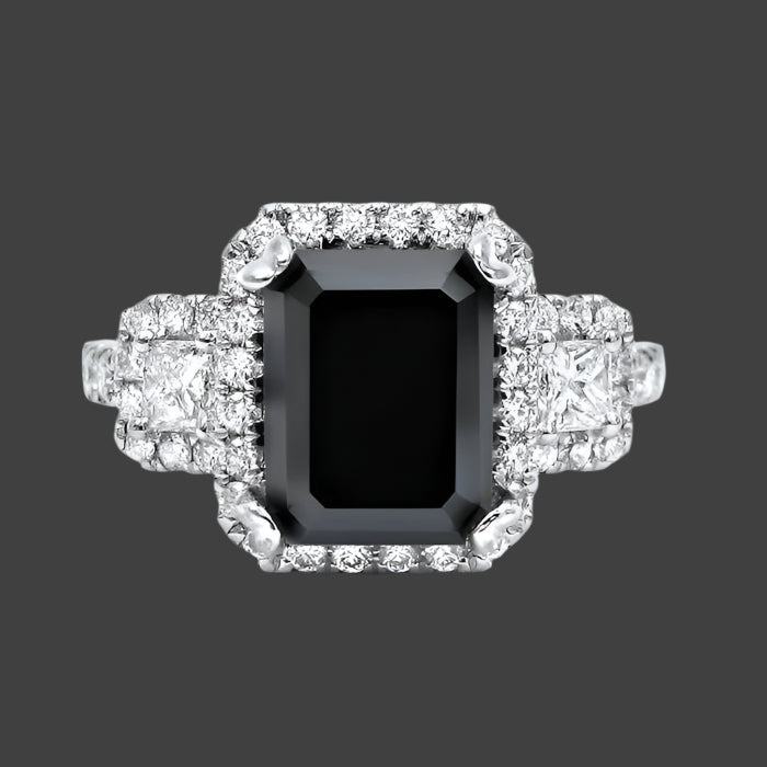 4 Carat Black Emerald Cut Diamond Engagement Ring Vintage Style 14k White Gold