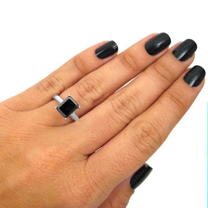 2.65 Carat Black Emerald Cut Diamond Solitaire Engagement Ring 14K White Solid Gold