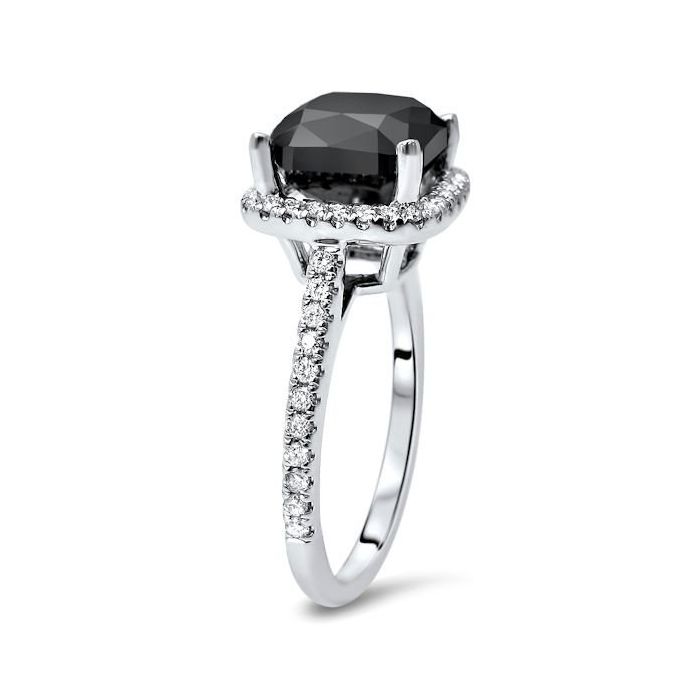 3ct Cushion Cut Black Diamond Halo Engagement Ring 14K Solid Gold