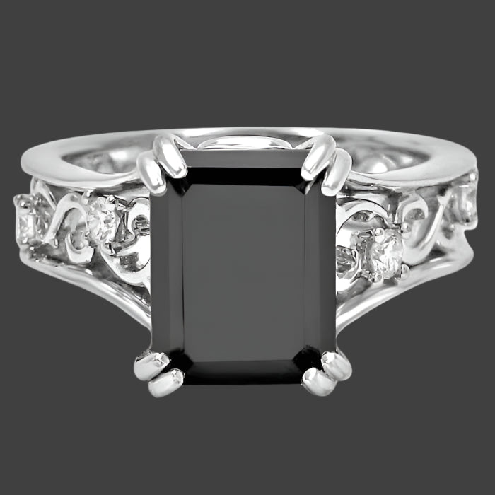 2.70ct Black Emerald Cut Diamond Engagement Ring Vintage Style 14k White Gold